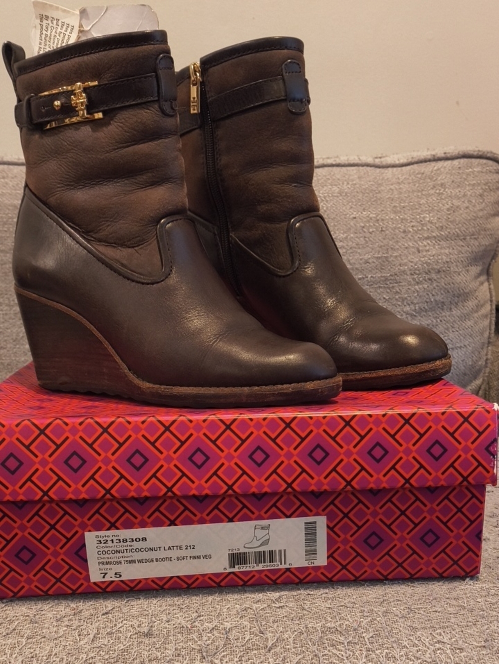 Tory Burch Chocolate Leather Wedge Booties with Gold-Tone Logo